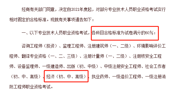 2021年高级经济师考试合格标准为试卷满分的60%